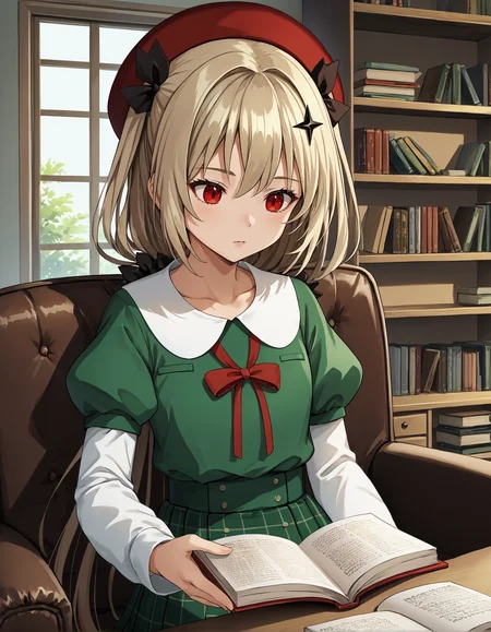 score_9, score_8_up, source_anime, 1girl, upper body, medium shot, detailed, mgrcirinakushu, kshcsl, blonde hair, low ponytail, red eyes, red beret, black hairclips, green shirt, white puritan collar, red neck ribbon, short over long sleeves, juliet sleeves, white sleeves, green pleated skirt, sitting, holding book, reading, indoors, cabinet, armchair, table, <lora:mgrcirinakushu_XL:1>