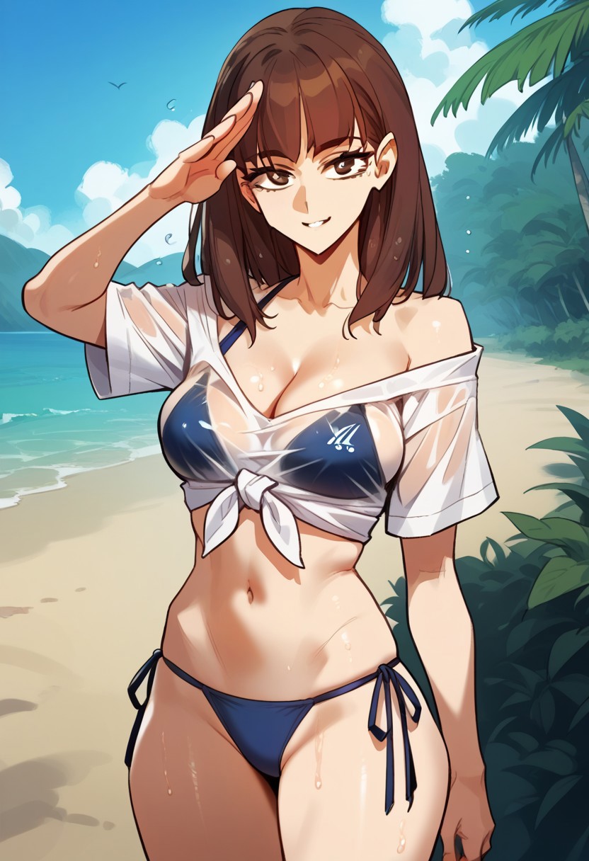 zPDXL3, score_9_up, score_8_up, score_7_up, (Anime_source), 1girl, JisuYun, brown eyes, brown hair, long hair, looking at viewer, salute, smile, off-shoulder shirt, tied shirt, wet shirt, short sleeves, bikini under clothes, navel blue bikini, side-tie bikini bottom, bare shoulders, navel, cleavage, outdoors, beach, from side