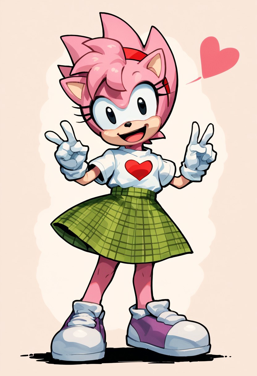 score_9, score_8_up, score_8, 1girl, solo, fleetwayamy, amy rose, spiked hair, pink fur, black eyes, furry, looking at viewer, gesture, dynamic pose, full body, smile, open mouth, jump, shoes, plaid skirt, white shirt, heart logo, abstract background, gloves, source_comic,