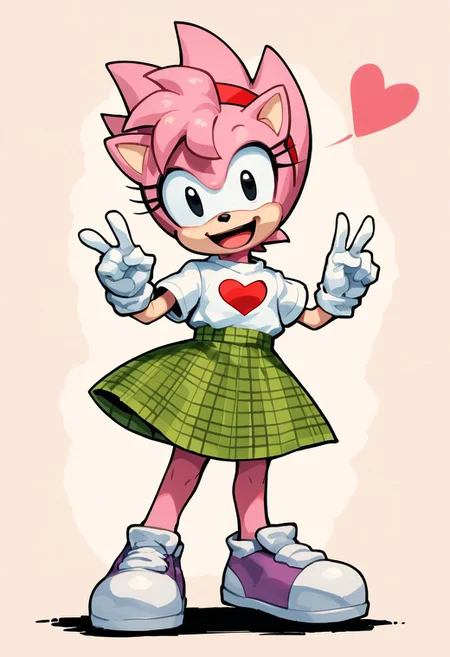 score_9, score_8_up, score_8, 1girl, solo, fleetwayamy, amy rose, spiked hair, pink fur, black eyes, furry, looking at viewer, gesture, dynamic pose, full body, smile, open mouth, jump, shoes, plaid skirt, white shirt, heart logo, abstract background, gloves, source_comic,