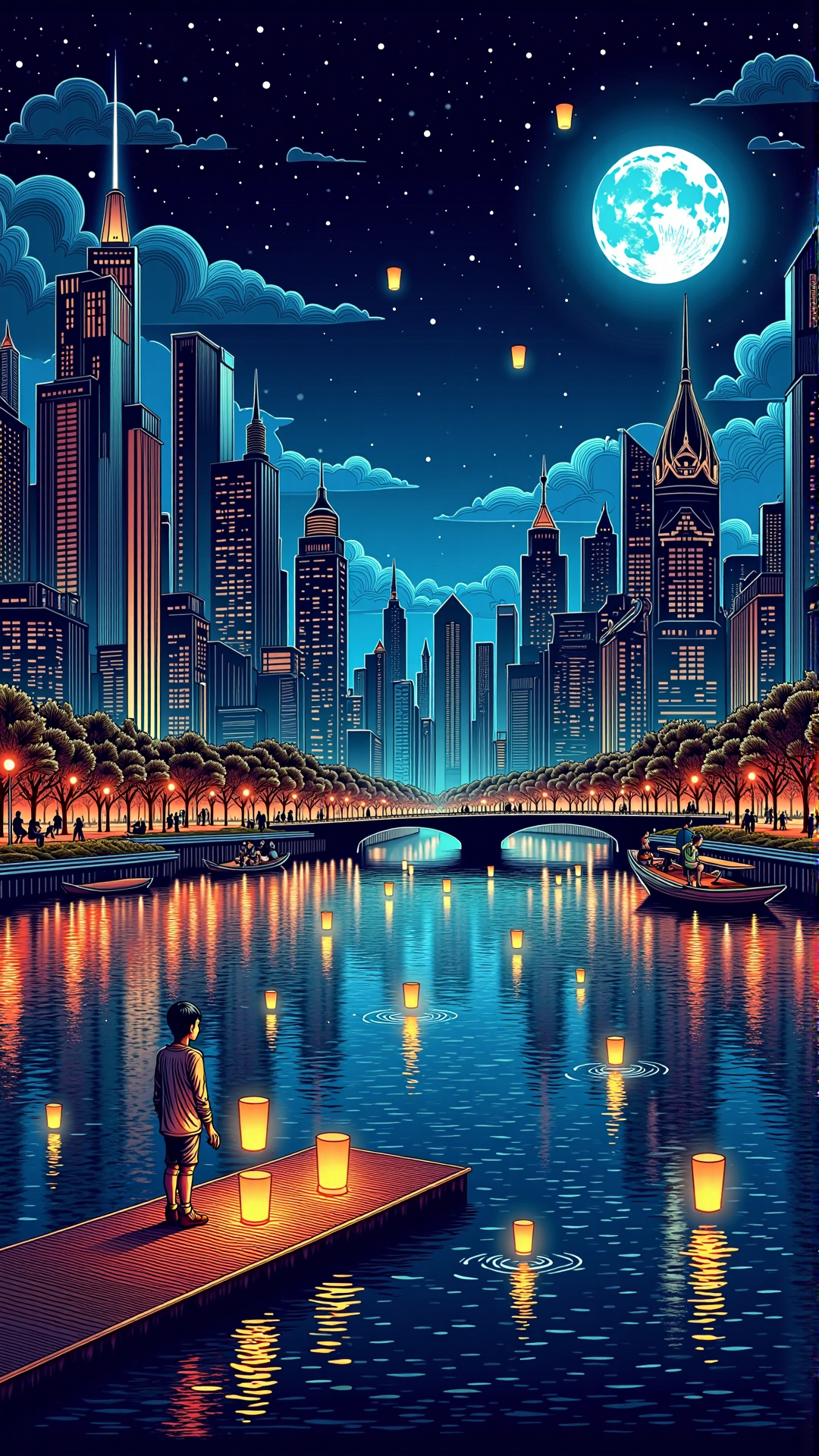 lineart, colorful, Midnight cityscape with a serene lake, Dock with people releasing floating lanterns, Reflections on the water, Skyscrapers, Bustling city life, Lights and reflections, Asian-inspired architecture, Dreamy atmosphere, Blue hour, Aerial view, High contrast, Sharp details, Vibrant colors, Dynamic range, Cinematic look, Wallpaper, Artstation, Promo art, Splash art, Dramatic lighting, Colorful, Dreamy, Peaceful, Tranquil, Bokeh, Reflections, Glowing lanterns, Starry sky, Moonlit night, Calm waters, Silhouettes, Emotional, Inspirational, Evocative, Atmospheric, Mystical, Magical, Nostalgic, Reflective, Thought-provoking<lora:NoctichromeFlux:1>