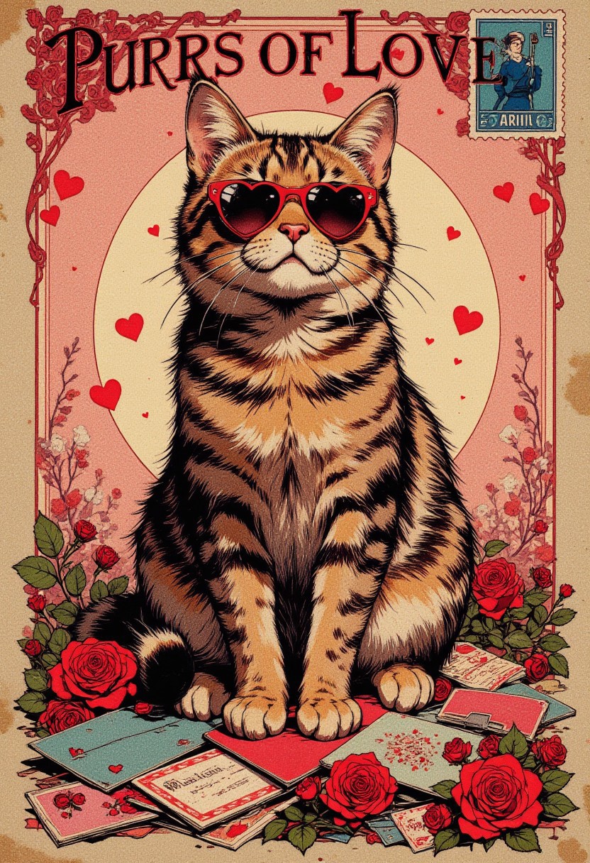 Vintage Postcard Design A retro-style cat wearing vintage heart sunglasses sitting on a pile of Valentine cards. Add the message "Purrs of Love" in an elegant vintage font, Include elements like airmail borders, and roses.