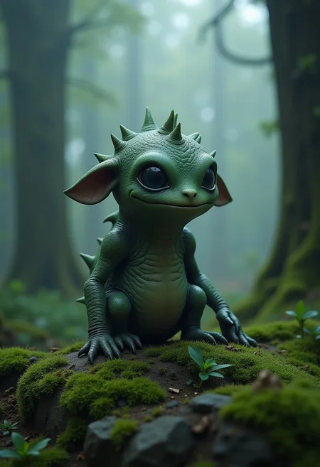 Fantastical, cute, otherworldly, odd mythical creature in a dense forest. It sits on a mossy rock. In the background, the forest is shrouded in a thick mist, with tall, shadowy trees and patches of green foliage barely visible. The lighting is soft and diffused, enhancing the eerie atmosphere of the scene. The moss on the rock and the creature's body add a touch of naturalism, grounding the fantastical creature in a realistic environment
