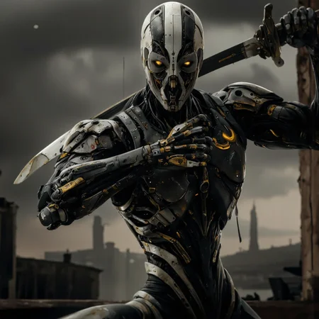. A photo-realistic shoot from a frontal camera angle about a futuristic, humanoid robot with glowing eyes and intricate mechanical details, holding a sword in a confident pose. the robot, positioned in the middle of the image, is facing the viewer with its upper body visible. it has a sleek, black, metallic body with glowing yellow accents, and its glowing eyes are a striking feature of the robot's design. its arms are outstretched, gripping the sword tightly, as if ready for battle. the background is a dimly lit, industrial setting with a cloudy sky and a distant cityscape, featuring a few streaks of light in the distance. the overall mood is intense and dynamic, with the robot standing out against the dark, moody atmosphere of the scene.
