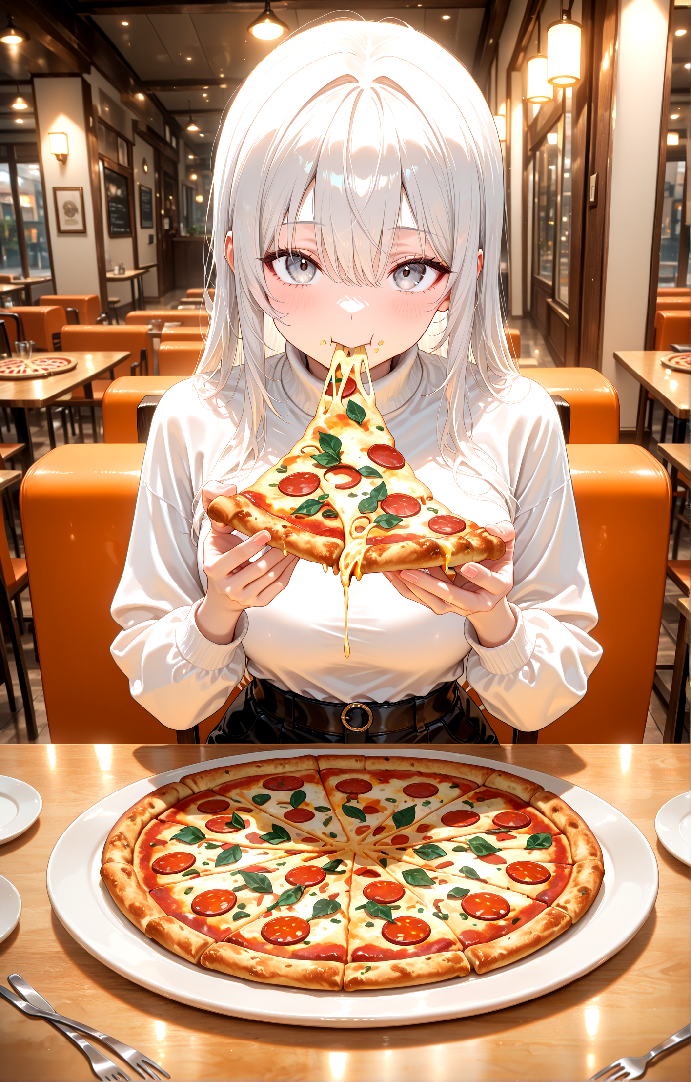 masterpiece, best quality, amazing quality, very aesthetic, absurdres,  newest,
anime,1girl,white long hair,gray eyes, white shirt, long sleeves, turtleneck, 
sitting, looking at viewer,( eating holding pizza :1.5), 
pizza, plate, fork, knife, table, chair, table, restaurant, cinematic angle, cinematic lighting
{{best_quality}},{{amazing_quality,very_aesthetic}},
masterpiece, best quality, amazing quality, very aesthetic, absurdres,  newest, volumetric lighting, <lora:spo_sdxl_10ep_4k-data_lora_webui:1.0>