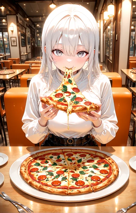 masterpiece, best quality, amazing quality, very aesthetic, absurdres, newest,
anime,1girl,white long hair,gray eyes, white shirt, long sleeves, turtleneck,
sitting, looking at viewer,( eating holding pizza :1.5),
pizza, plate, fork, knife, table, chair, table, restaurant, cinematic angle, cinematic lighting
{{best_quality}},{{amazing_quality,very_aesthetic}},
masterpiece, best quality, amazing quality, very aesthetic, absurdres, newest, volumetric lighting, <lora:spo_sdxl_10ep_4k-data_lora_webui:1.0>