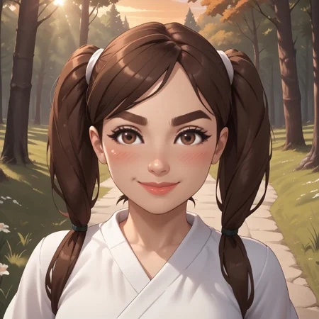 score_9, score_8, BREAK, solo, mii, wii, brown hair, twintails, white clothing, lips, blush, brown eyebrows, brown eyes, 1girl, female mii, black pants, cute, shoes, wii sports, Sophia_(Wii_Sports), nintendo mii, modern_mii, classic_mii, breasts, sexy pose, smile, outdoors, sunlight, shadows, evening lighting, natural lighting, forest, trees, grass, orange sky, sunset