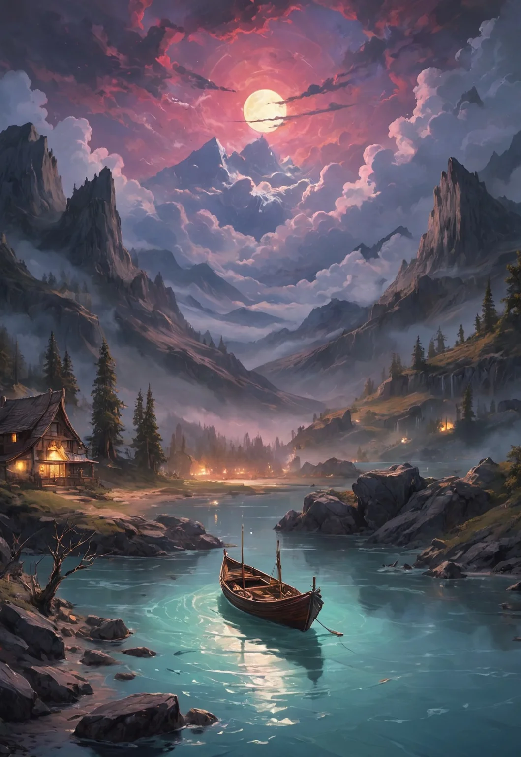 Under the eerie glow of a full moon, a dark and ominous landscape unfolds. A vibrant, colorful boat floats on the serene lake, its vivid hues contrasting starkly with the foreboding atmosphere. In the background, a waterfall cascades down jagged rocks, the water glistening in the moonlight. Thick, swirling clouds loom overhead, adding to the sense of an evil presence. The moonlight filters through the clouds, casting an otherworldly glow over the scene. A falling star streaks across the sky, adding a touch of mysticism to the night. The air is thick with a sense of ancient secrets and dark magic, as if the very night is alive with hidden power. As daylight breaks, light glows on the landscape, illuminating the boat and the surrounding scenery with a surreal brightness. [romantic impressionism,dream scenery art,beautiful oil matte painting,romantic,style of thomas kinkade,beautiful digital painting,anime landscape,romantic painting,dreamlike digital painting,colorful painting,beautiful gorgeous digital art,style of greg rutkowski,janek sedlar,jenny saville:0] <lora:vivid_everclear:0.6> <lora:Sinozick:0.65>