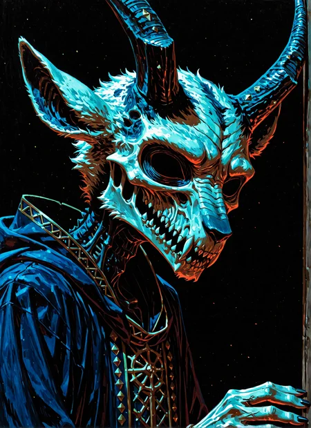 GoatWizard, painting, painting of a horned white anthropomorphic goat with dark curled ram's horns and an elegantly embroidered dark blue robe, subtle chromatic aberration, dressed like a shadow cleric, layered oil painting, custom artisanal painting by Prog420ress, Catholicpunk, vector art, aesthetically pleasing painting, full humanoid body portrait, solo, solo portrait in oil, oil painting on canvas, canvas medium, painting on canvas with a wood frame, intricately detailed wood frame, hand carved frame, ketch on canvas painted over in oil on a stretched canvas with a hand carved wooden frame, extreme angle 3rd party perspective, smeared crosshatch shading, low contrast, meant to invoke feelings of resentful cruelty and repressed rage, furry, white male anthro goat, detailed dirty disheveled white fur, dark theme, dim lighting, black blue gradient with white and gold accents, dark abstract background, dark room, black background, silhouette, backlighting , BREAK
painting of an anthropomorphic bipedal artiodactyls goat wizard, furry style, (an anthropomorphic white skeletal goat:1.4), inhuman, upright standing bipedal artiodactyls goat, long goat snout, elongated skeletal face, hooves as hands, cloven hooves, hooves as feet, cloven hooves, artiodactyls goat limbs, anthropomorphized goat, intelligent goat wizard, dark wizard, dark magic-user, magic-user anthro goat, Wizard Goat, GoatWizard, oil painting illustration in dark menacing colors, quasi-realistic manga-style color painting, (depth of field:1.6), old worn blotter paper, tattered canvas blotter paper stretched across a wood frame, black navy blue gradient with white gold accents, ink wash painting, art nouveau, artgerm, Forgotten Realms art style, interpretive dynamic action pose abuse, action-oriented posture, in motion, dust particles, undead goat influences, white skeletal goat wizard, blue gold white black limited color palette, dadaism, menacing, scary anthropomorphic bipedal artiodactyls goat wizard, cloven goat hooves, mucha style, artgerm mucha, artgerm portrait, set in an alternate dimension, (white goat furry:1.1), BREAK
GoatWizard, humanoid male with mostly goat-like features and skeletal structure, masculine, powerful, filthy, rugged, grungy, dirty white goat, sunken recessed black eye sockets, white skeletal anthro goat, dewclaws and soft tissue pads, allows them to effectively navigate diverse terrains. male anthropomorphic goat wizard chewing a discarded gray WWI-style tin can, (long wizard robe, shadow cleric's robes, long draping sleeves, tapered wizard sleeves:1.2), intricate gold stitching, highly detailed elaborate robe stitching, gold stitching along sleeves, gold sleeve stitching, black choker collar, goat collar, spiked goat choker, dirty white fur, mysterious slender anthropomorphic goat partially hidden in shadows, thin boney goat facial features, prominent furrowed white skeletal goat brow, (massive dark skeletal goat horns:1.4), (goat cloven hooves, furry artiodactyls goat legs, dirty disheveled white goat fur:1.1), (elongated skeletal goat jaw:1.2), (strong square jaw line), gnashing goat teeth, (chewing:1.4), arcane dark arts spell-caster, dark magic user, occultist, occultist wizard goat, godlike powers, deity, able to bend both time and space with a simple cloven hoof movement, ambitious, greedy, malevolent, long dark robes that conceal most of its goat body, dark robes with intricate gold stitching, dark hooded robes, oversized hood, large hood worn down, dark skeletal goat horns, omnipresent yet isolated, lonely dark goat god, unlimited power, dark wizard goat, chaotic, dangerous, dark goat deity, skeletal immortal anthropomorphic goat wizard, the Wizard GOAT <lora:NoctAbstractConcept:-0.4> <lora:Wizardry_-_limited_palette_v1.15:0.6>
<lora:dark_v1.9-pony:0.8>âââ <lora:manga:0.6> <lora:OilPaintingILL:0.6>âââ