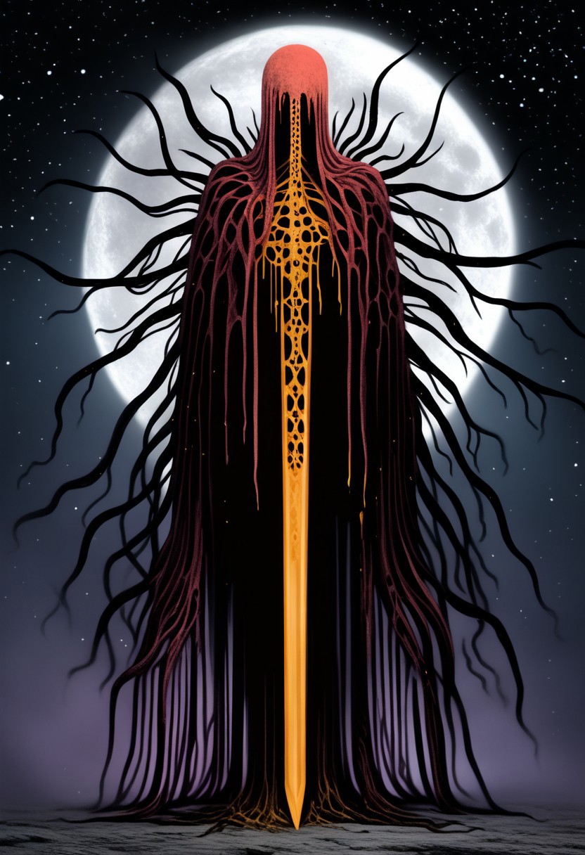 Masterpiece, artistic rendering, faded gold color, highly detailed, solo man, Freebo_alloy , ethereal, sinister tendrils, dark wisps, weapon, spiritual essence, spectral aura, ghostly, decaying body, bloodied, twilight, stars, moon, abstract, 3/4 view,