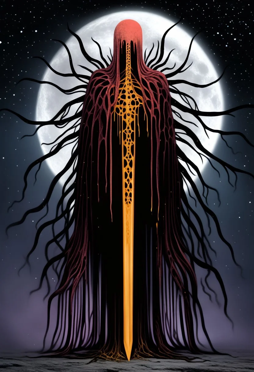 Masterpiece, artistic rendering, faded gold color, highly detailed, solo man, Freebo_alloy , ethereal, sinister tendrils, dark wisps, weapon, spiritual essence, spectral aura, ghostly, decaying body, bloodied, twilight, stars, moon, abstract, 3/4 view,