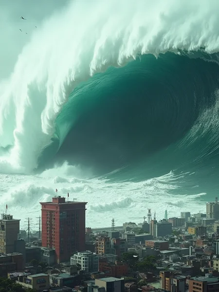 a massive, towering tsunami wave about to engulf a densely populated coastal city. The wave is enormous, with powerful white foam crashing at its crest and a dark green, ominous wall of water rising high above the city. The sheer size and force of the wave are overwhelming, dwarfing the buildings and creating a sense of impending disaster.
In the foreground, the city appears to be modern, with a variety of buildings, streets, and infrastructure visible, including a prominent red building near the center. The scene is chaotic, and the approaching wave suggests that the city is moments away from devastation. The image conveys a powerful sense of nature's unstoppable force and the fragility of human civilization in the face of such natural disasters.