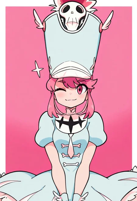 masterpiece, best quality, amazing quality, very aesthetic, absurdres, diives,
masterpiece, best quality, high resolution, absurdres, 1girl, jakuzure_nonon, pink_eyes, pink_hair, short_hair_with_long_locks, small_breasts, shako_cap, blue_hat, blue_dress, turtleneck_dress, white_necktie, puffy_short_sleeves, frills, wrist_cuffs, looking_at_viewer, smile, v_over_eyes, wink, white_border, pink_background