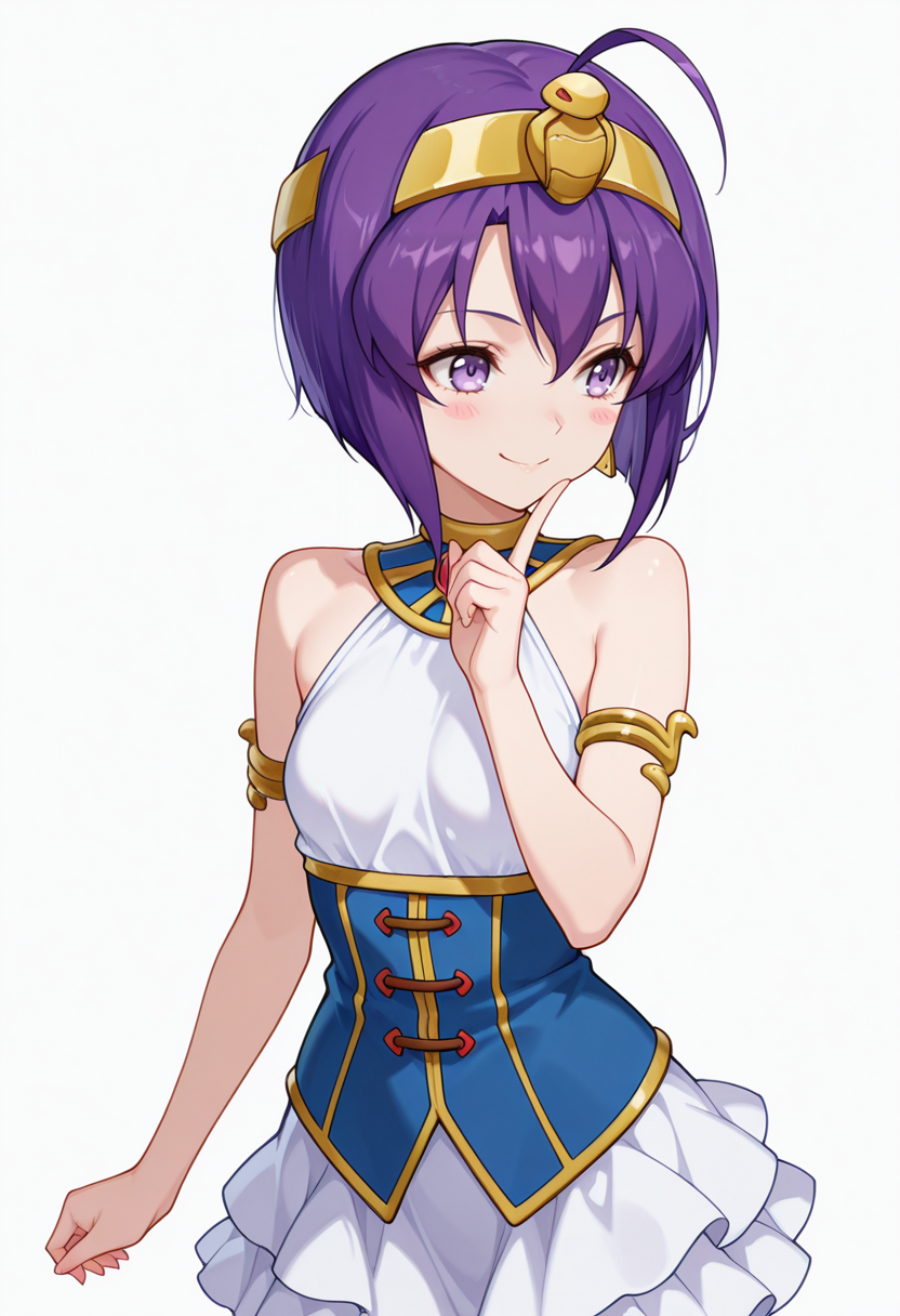 Smooth Quality,masterpiece,very intricate, high quality details, ultra realistic, high detailed skin,detailed enviorement,absurdres,
index finger raised,
 <lora:Medusa_CNR:0.8> medusa_cnr,  1girl, purple hair, short hair, ahoge, bangs,purple eyes, small breasts, hairband, egyptian,, evil smile,, simple background, white background, front view,solo,, halter top, ,waistcoat,   ,frilled skirt,,