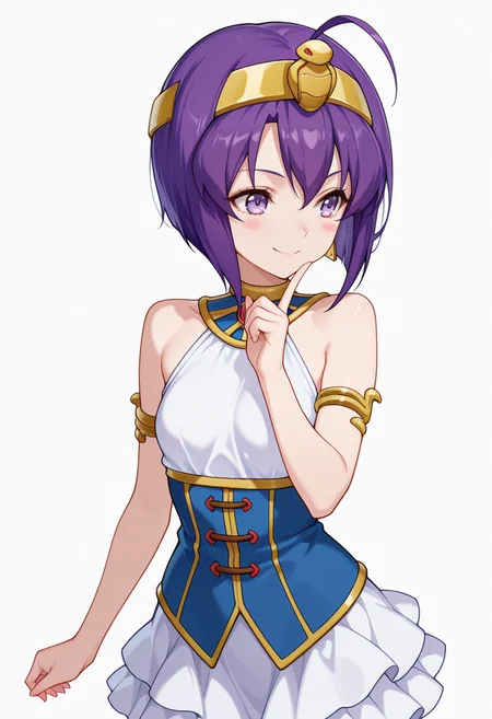 Smooth Quality,masterpiece,very intricate, high quality details, ultra realistic, high detailed skin,detailed enviorement,absurdres,
index finger raised,
 <lora:Medusa_CNR:0.8> medusa_cnr,  1girl, purple hair, short hair, ahoge, bangs,purple eyes, small breasts, hairband, egyptian,, evil smile,, simple background, white background, front view,solo,, halter top, ,waistcoat,   ,frilled skirt,,