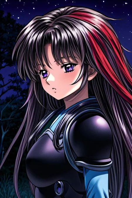 masterpiece, best quality 1girl Setsun4 solo long hair, (night time) forest background black hair very long hair purple eyes multicolored hair armor (fur trim) (medium body),<lora:EMS-179-EMS:0.800000>,<lora:EMS-293862-EMS:0.800000>
