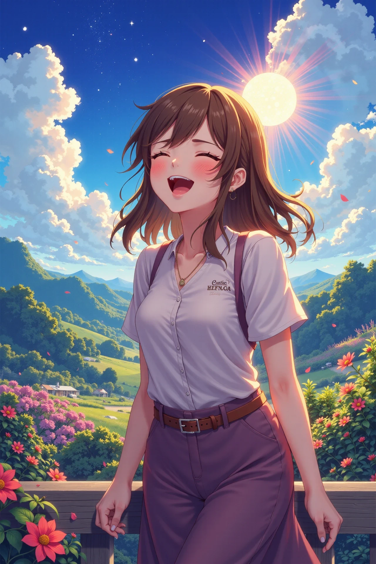 a laughing woman beautiful  anime landscape, noon, woman, very intricate, very detailed, sharp, bright, colorful, <lora:Hand v2:0.5> <lora:Anti-Blur:1><lora:Insane Detail Slider:0.25>  <lora:flux.1_lora_flyway_Epic-detail_v2:0.3> <lora:fluxenhancer:0.25> <lora:ROWER:0.6> <lora:niji6anmie:0.8> anime