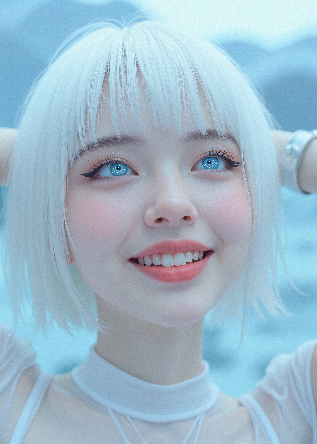 A hyper-realistic close-up of a short haired woman with icy white hair and pale, flawless skin. Her eyes are bright light blue, almost glowing, with digital patterns reflecting in them. Her lips are a deep red, glossy and perfectly shaped. The background is an abstract, digital landscape, with soft gradients and blurred shapes, creating a dreamy, otherworldly atmosphere.
realistic shine to the hair, with soft highlights following the natural flow and texture. Add subtle variations in color and thickness for a more dynamic look. soft, glossy texture to the lips, with realistic reflections and subtle texturing to emphasize the natural folds and curves.
intricate details to the eyes, with a reflective, slightly glossy sclera and subtle shading to create depth. a delicate eyeliner with a soft wing, blending gently into the lash line to enhance the eyes without overpowering the natural beauty.
Leaning back with her arms crossed behind her head, looking up with a wide smile.