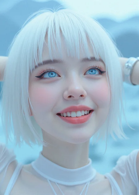 A hyper-realistic close-up of a short haired woman with icy white hair and pale, flawless skin. Her eyes are bright light blue, almost glowing, with digital patterns reflecting in them. Her lips are a deep red, glossy and perfectly shaped. The background is an abstract, digital landscape, with soft gradients and blurred shapes, creating a dreamy, otherworldly atmosphere.
realistic shine to the hair, with soft highlights following the natural flow and texture. Add subtle variations in color and thickness for a more dynamic look. soft, glossy texture to the lips, with realistic reflections and subtle texturing to emphasize the natural folds and curves.
intricate details to the eyes, with a reflective, slightly glossy sclera and subtle shading to create depth. a delicate eyeliner with a soft wing, blending gently into the lash line to enhance the eyes without overpowering the natural beauty.
Leaning back with her arms crossed behind her head, looking up with a wide smile.