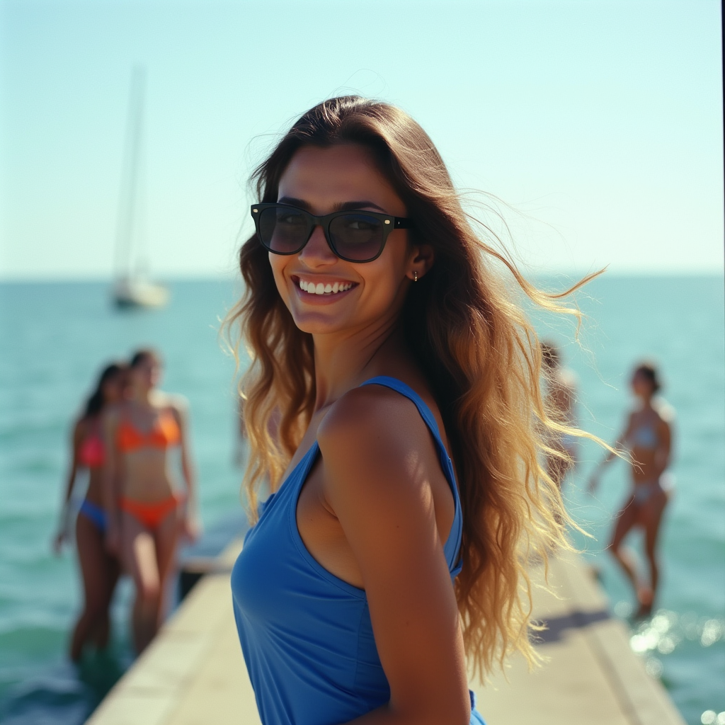 <lora:Kodak Motion Picture Film style v1:1>
Film grain still image of a woman in a blue dress and sunglasses on a pier,long hair,looking at viewer,smile,multiple girls,blonde hair,brown hair,black hair,2girls,bare shoulders,swimsuit,upper body,outdoors,solo focus,looking back,dark skin,water,from behind,mole,blurry,dark-skinned female,lips,depth of field,blurry background,ocean,beach,sunglasses,realistic,watercraft , cinematic look, film look, filmic, contrast, detailed, high quality, sharp image, film color, Kodak Motion Picture Film style, different color, different people, different look, different style, 35MM Film, 16MM Film, Photographic film, music video style, artistic style, cinematic style, film granularity, film noise, image noise, artistic effect, Fujicolor, Fuji film, Analog photography, movie style, movie still, Film grain overlay, Film Grain style