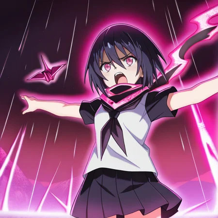 <lora:IL_Yamoto_Koki:1>,nin_sly_k,1girl,solo,Yamoto Koki /(ikusa/),pink eyes,short hair,
serafuku,scarf,
origami-suriken,glowing,magic,magical effect,
cowboy shot,furrowed brow,shouting,spread arms,from below,, masterpiece,best quality,amazing quality,very aesthetic,absurdres,