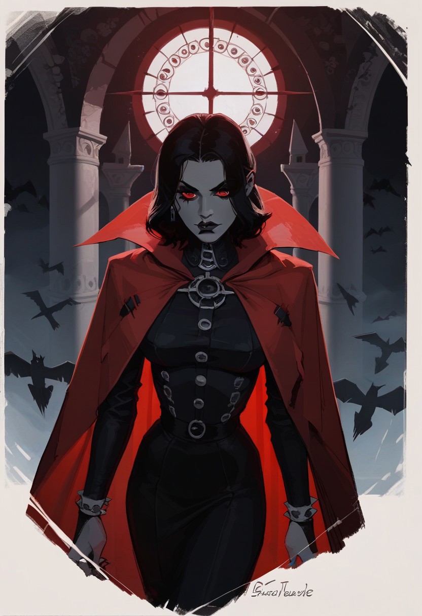 score_9, score_8_up,  score_8_up,  sexy woman, mature face,   vampires, intricate outfit, bobcat hairstyle,  bright red cape,    gothic atmosphere, crows, dark castle, outdoors,  black colors, red colors, detailed background,  simple shadows, flat coloring, flat shadows, thick lines, white outline, Cinematic Composition