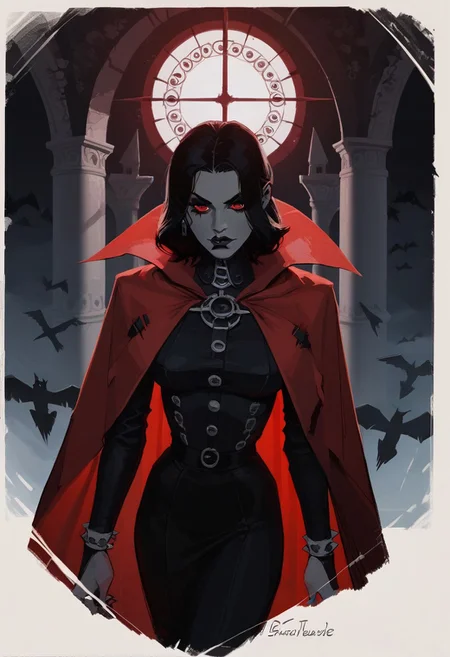 score_9, score_8_up, score_8_up, sexy woman, mature face, vampires, intricate outfit, bobcat hairstyle, bright red cape, gothic atmosphere, crows, dark castle, outdoors, black colors, red colors, detailed background, simple shadows, flat coloring, flat shadows, thick lines, white outline, Cinematic Composition