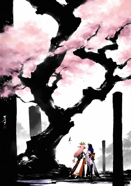 masterpiece,best quality,<lora:yi-noob:1>,ink wash painting,
2girls,raiden shogun,yae miko,yuri,standing,sitting,cherry blossoms,tree,