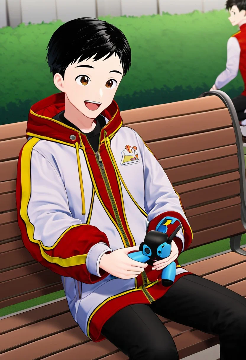 harmard, black hair, short hair, brown eyes, 1boy, (solo:1.20), solo focus, red_white_jacket, black pants, at park, happy expression, sit on bench, holding a robot toy