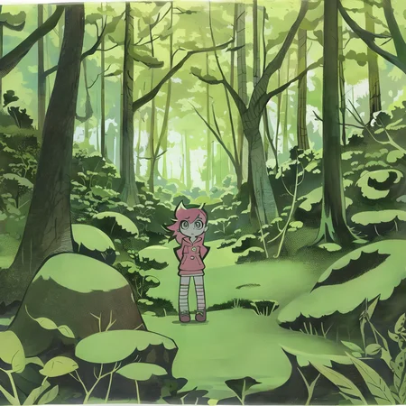 a cartoon drawing of a girl in front of a forest, pansto art style,