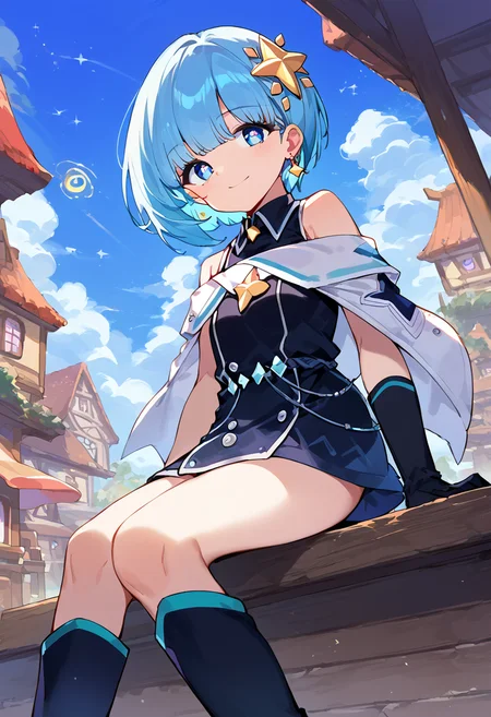 score_9,score_8_up,score_7_up,source_anime,zPDXL3,fantasy,town,wooden bench,sitting,smile,from below,
*//*,<lora:SiaAstelle_Pony:1>,sia_astelle,1girl,solo,blue hair,short hair,bangs,blue eyes,gloves,thighhighs,thigh boots,star (symbol),earrings,hair ornament,jewelry,black dress,sleeveless,black footwear,single glove,black elbow gloves,smile, *//*,looking at viewer,cowboy shot,dutch angle,