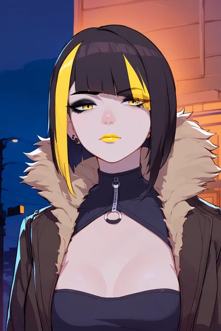 score_9_up, score_8_up, score_7_up, source_anime, <lora:Amplected_3d_anime_art_style:0.7>, goth girl, yellow eyes, bob cut hair, (split-color hair:1.5), black hair, yellow hair, very white pale skin, medium breasts, black eyeliner, dark makeup, yellow lipstick, fur coat, dress, chest cutout, looking at viewer, closed mouth, cheeks down, half closed eyes, ((0_0)), tired,(meme, mem face), face focus, close up, portrait, outdoors, night, best quality, high quality