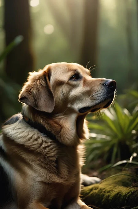 award winning wildlife (medium long shot:1.4), 35mm film movie still, ultra photorealistic, photorealism, (upper profile) shot of a defeated old dog in pain with the (sunken head:1.4) mourning (looking depressed down:1.2), (glossy eyes) cinestill, film grain, taken with hasselblad H6D 100c, the HCD 24mm lens, hazy mood, cinematic dramatic lighting, cold muted colors, (DOF:1.4), (dark lush jungle background), sharp focus, (perfect real extremely details), amazing fine detail, absurdres, hyper realistic lifelike texture, dramatic lighting