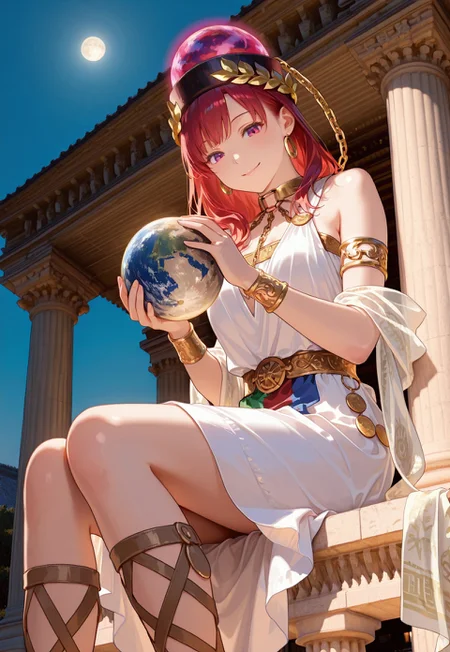 1girl, hecatia lapislazuli,
ancient greek clothes, greco-roman clothes,
white dress, armlet, clothes, shawl, gladiator sandals,
laurel crown, gold_chain, moon_\(ornament\), earth_\(ornament\), holding earth with hands,
bare shoulders,
night, split lighting,
sitting on the top of a column, looking down, looking at viewer, playful smile, naughty,
low angle shot, (side view:0.4),
Temple of Hekate, classical Greek temple,
photorealistic,
photo background, real world location,
high res image, masterpiece, perfect quality, best quality, absurdres, scenic, ultra detailed face, detailed eyes,
very awa, HDR