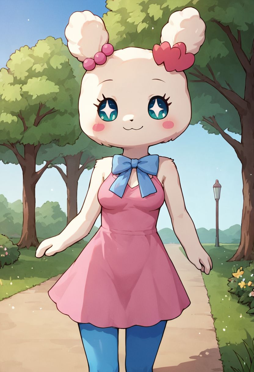 score_9, score_8, score_7_up, score_6_up, source_furry, source_anime, Tamagotchi, Lovelitchi, ear beads, solo, white fur, pink dress, blue bow, anthro, breasts, blue pantyhose, walking in the park, nature, grass, walking, blush, sparkling eyes, no nose, solo, thighs, detailed, tree, blue sky, park, flowers, cowboy shot, happy, masterpiece, angled, three quarter view, closed mouth
