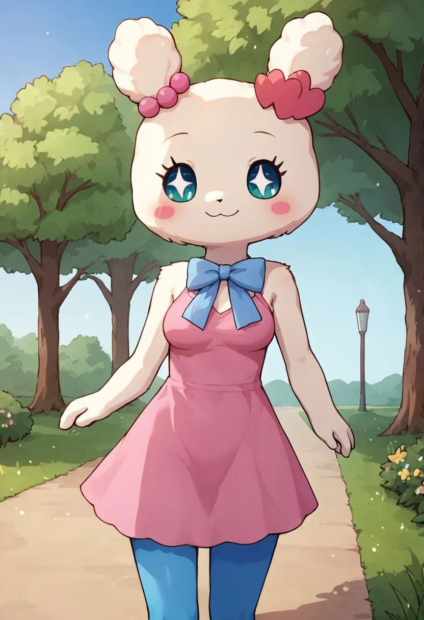 score_9, score_8, score_7_up, score_6_up, source_furry, source_anime, Tamagotchi, Lovelitchi, ear beads, solo, white fur, pink dress, blue bow, anthro, breasts, blue pantyhose, walking in the park, nature, grass, walking, blush, sparkling eyes, no nose, solo, thighs, detailed, tree, blue sky, park, flowers, cowboy shot, happy, masterpiece, angled, three quarter view, closed mouth