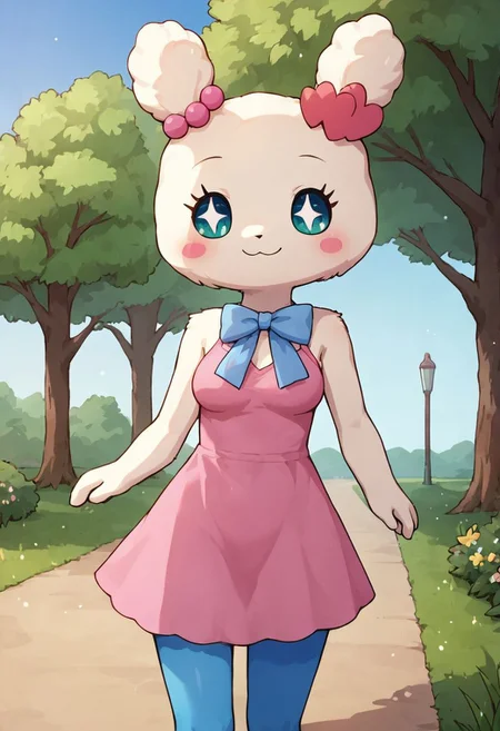 score_9, score_8, score_7_up, score_6_up, source_furry, source_anime, Tamagotchi, Lovelitchi, ear beads, solo, white fur, pink dress, blue bow, anthro, breasts, blue pantyhose, walking in the park, nature, grass, walking, blush, sparkling eyes, no nose, solo, thighs, detailed, tree, blue sky, park, flowers, cowboy shot, happy, masterpiece, angled, three quarter view, closed mouth