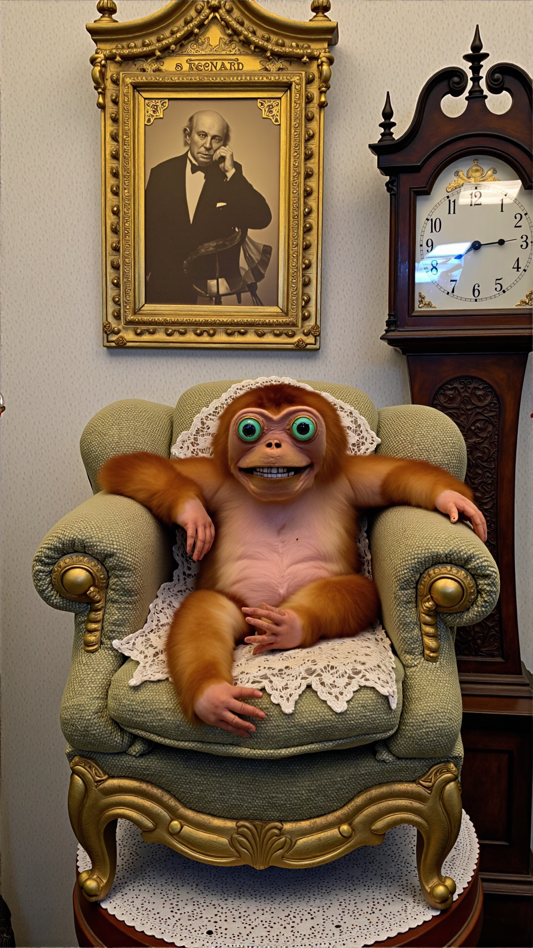 A photo of a badtxdrmy, bad taxidermy, A poorly taxidermied orangutan baby sits in a tiny, gaudy armchair, staring blankly with mismatched glass eyes, one blue and one green. Its once-soft fur is now matted and discolored, with a patchy, uneven skin tone that's more pink than orange. The chair is placed atop a doily-covered Victorian side table, surrounded by intricately carved, gold-leaf picture frames containing sepia-toned photographs of stern-looking aristocrats. 
The orangutan's mouth is frozen in a grotesque, toothy grin, and its arms and legs appear to be awkwardly posed, as if the taxidermist ran out of stuffing or patience. The background of the scene is a faded, peeling wallpaper featuring a repeating pattern of floral motifs, adding to the air of decay and neglect.
On the wall above the side table, a crookedly hung plaque reads, "Lord Reginald's Traveling Menagerie" in faded, golden letters. A nearby grandfather clock stands still, its face frozen at 3:47, as if time itself has stopped to gaze upon this bizarre, forlorn display.<lora:BadTaxidermiFlux:1>