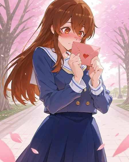A shy anime girl with short, wavy brown hair and big, expressive eyes holds out a heart-shaped envelope, blushing as she looks away. She stands in a cherry blossom-filled park, petals falling gently around her. Her school uniform is neat, and she clutches the letter nervously, ready to confess her feelings. <lora:detailed_notrigger:1>âââ