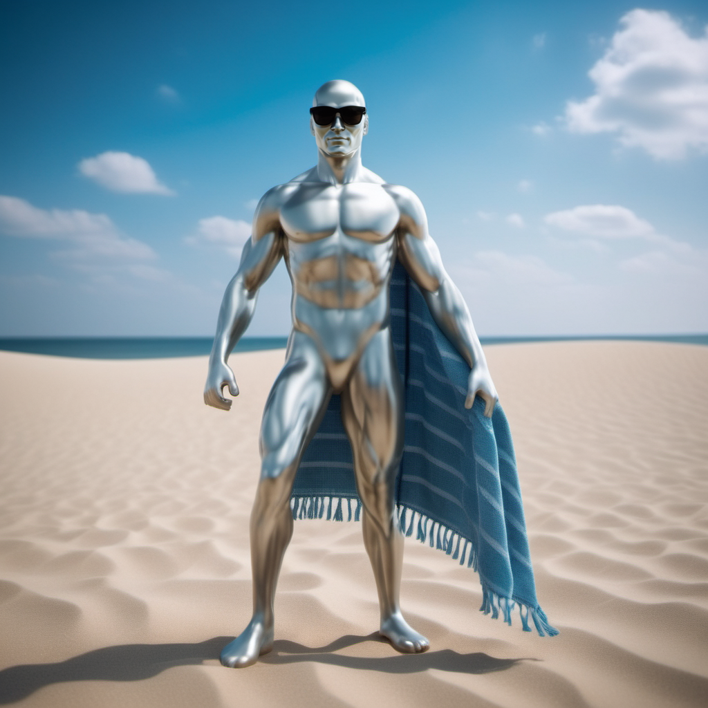 cinematic photo a full body silver man wears sunglasses and a beachtowel around the waist<lora:SilverSurfer1024:0.8> . 35mm photograph, film, bokeh, professional, 4k, highly detailed