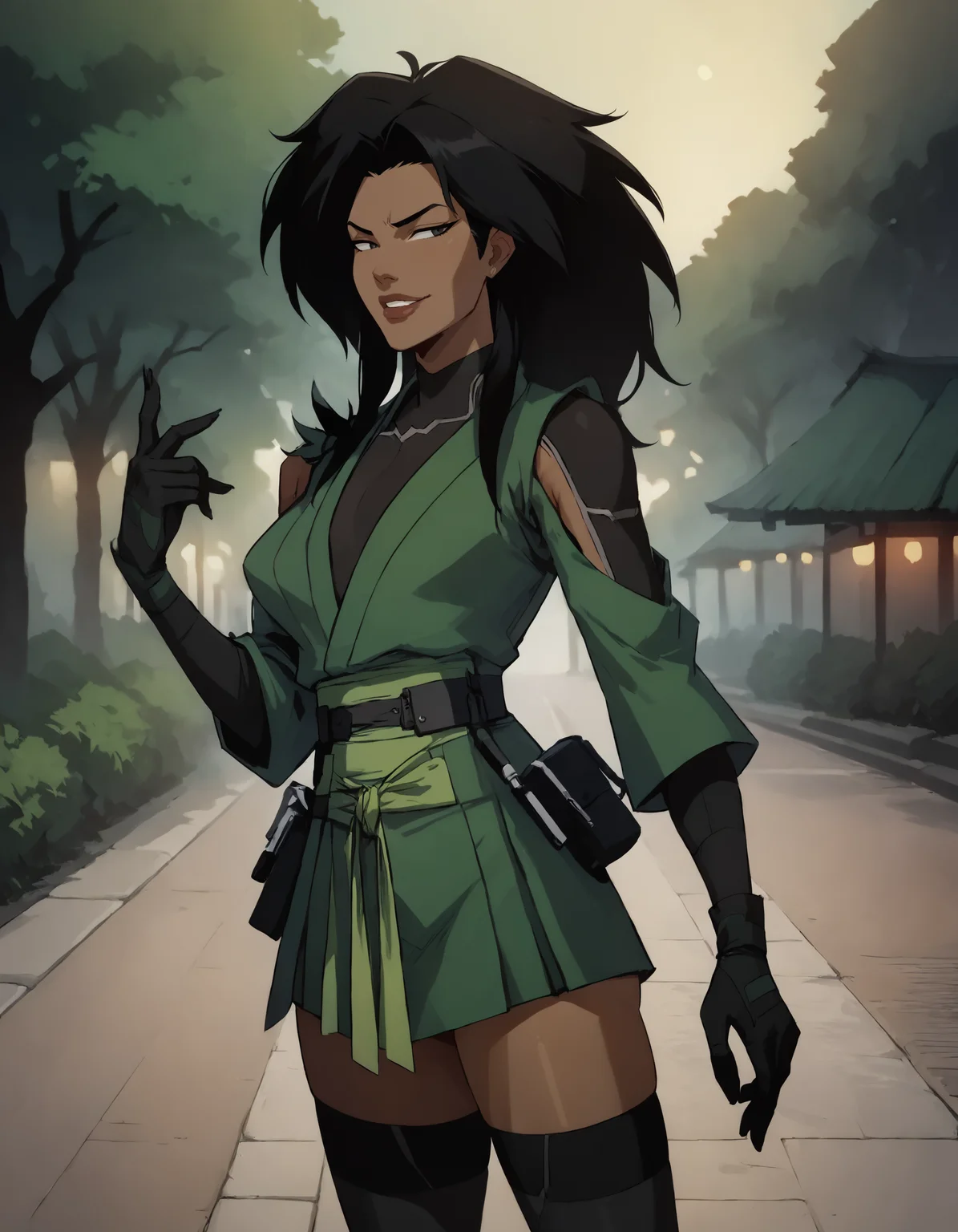 score_9, score_8_up, score_7_up, face focus, extreme closeup, detailed face, 1girl, solo, woman, a mature female, (tall slim athletic female:1.3), skinny, dark-skinned female, black hair, looking away, smug, park
gloves, thighhighs, japanese clothes, black gloves, black thighhighs, green kimono, bodysuit, belt,
ch3shire,
<lora:ch3shire:1>,
<lora:Blacklight_XL:0.5> blacklight,
<lora:- SDXL - vanta-black_contrast_V3.0:0.5>,
<lora:Concept Art DarkSide Style LoRA_Pony XL v6:0.5>, low light,