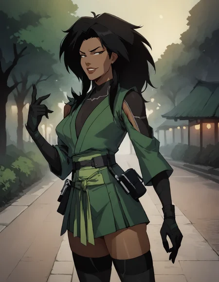 score_9, score_8_up, score_7_up, face focus, extreme closeup, detailed face, 1girl, solo, woman, a mature female, (tall slim athletic female:1.3), skinny, dark-skinned female, black hair, looking away, smug, park
gloves, thighhighs, japanese clothes, black gloves, black thighhighs, green kimono, bodysuit, belt,
ch3shire,
<lora:ch3shire:1>,
<lora:Blacklight_XL:0.5> blacklight,
<lora:- SDXL - vanta-black_contrast_V3.0:0.5>,
<lora:Concept Art DarkSide Style LoRA_Pony XL v6:0.5>, low light,