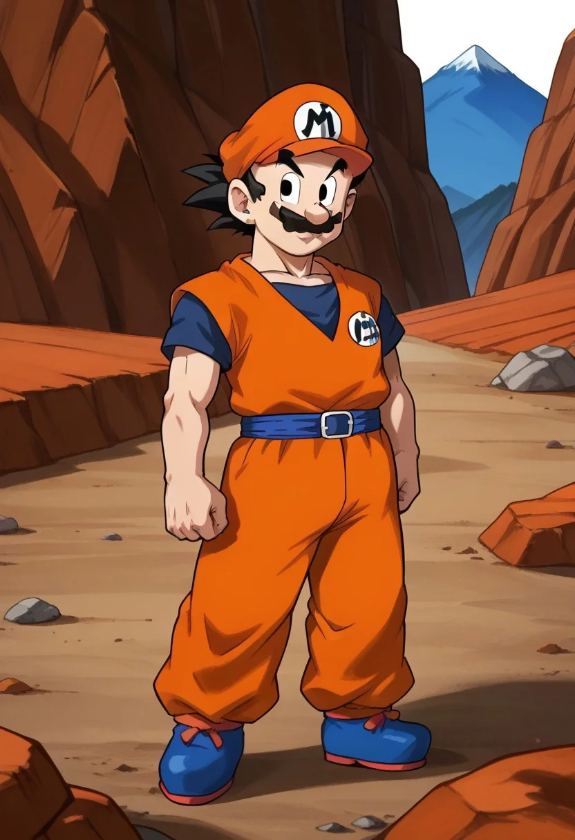 solo, goku, black hair, orange overall, orange pants, blue belt, full body, mountains, orange cap with "K" on middle, moustache,look at viewer,