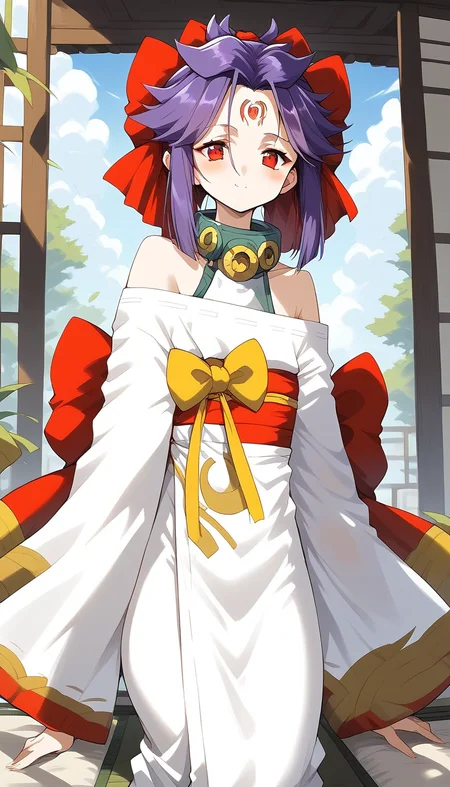 score_9, score_8_up, score_7_up, source_anime, rating_explicit, BREAK <lora:kakurine_Ver2.1_XL:1> kakurine, facial mark, forehead mark, red eyes, purple hair, long hair, sidelocks, hair bow, red bow, collar,
bare shoulders, japanese clothes, white kimono, Yellow mark, long sleeves, Yellow bow,
tatami, Japanese room,