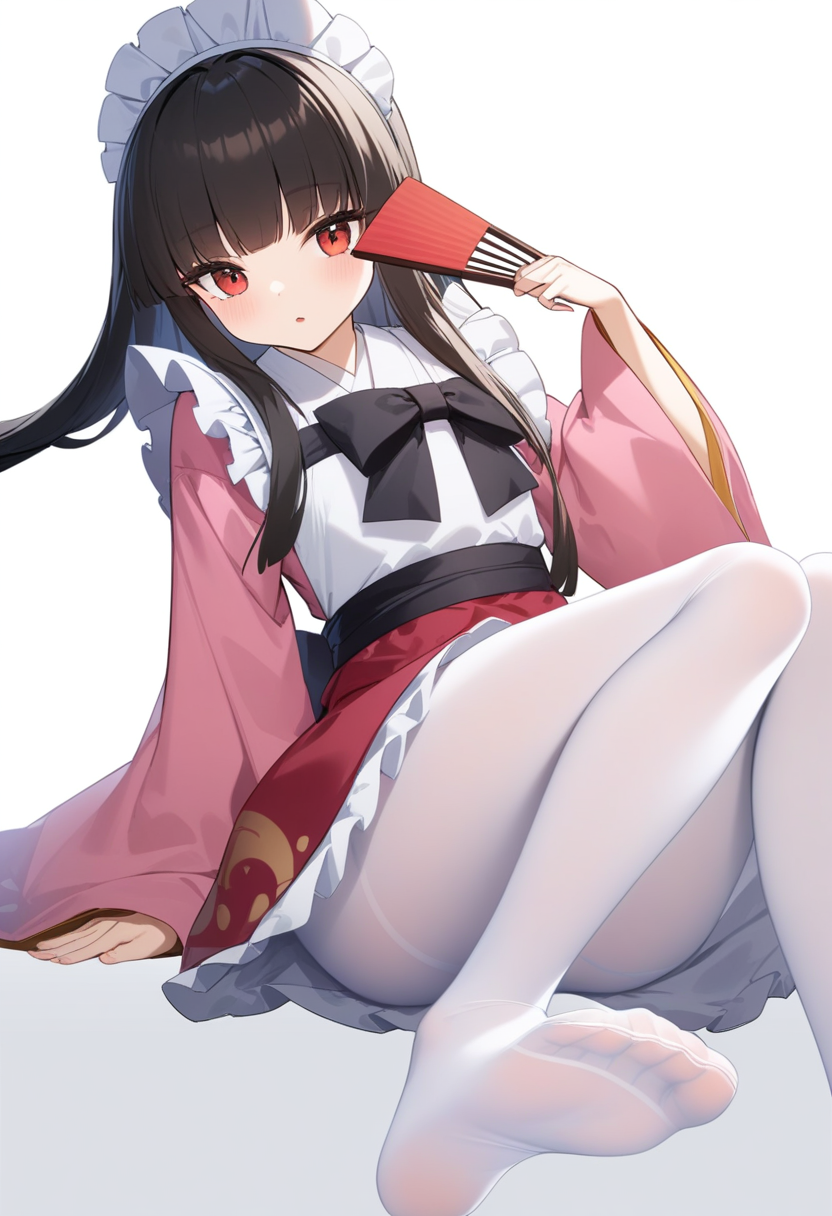 masterpiece,best quality,very aesthetic,absurdres,<lora:houraisan_kaguya:1>,toes, holding_fan, pink_kimono, feet, frilled_apron, highres, wide_sleeves, commentary, hand_up, alternate_costume, adapted_costume, looking_at_viewer, hair_ribbon, folding_fan, soles, maid_apron, miniskirt, wa_maid, houraisan_kaguya, 1girl, no_shoes, long_sleeves, sitting, white_pantyhose, photoshop_\(medium\), red_skirt, white_background, solo, maid_headdress, black_ribbon, parted_lips, legs, simple_background