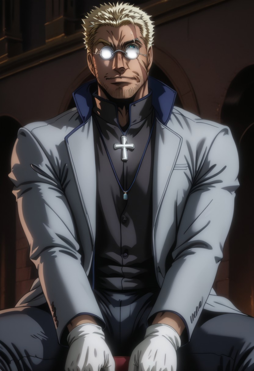 score_9, score_8_up, score_7_up, score_6_up, (perfect anatomy:1.3), perfect proportions, best quality, masterpiece, high-resolution, high quality, aesthetic, absurdres, solo man, male focus, bara, mature, masculine, manly, handsome, charming, alluring, seductive, sitting on operating chair, widely spread legs, (from below, low angle, view between legs:1.2), perfect face, (perfecteyes), mature man, Alexander Anderson, short silver-blond hair, green eyes, face mark, facial hair, wedge-shaped scar on left cheek, round glasses, black clerical collar shirt, buttoned shirt, black pants, black boot, open purplish grey coat, open coat, white gloves, single silver cross necklace, hand behind body