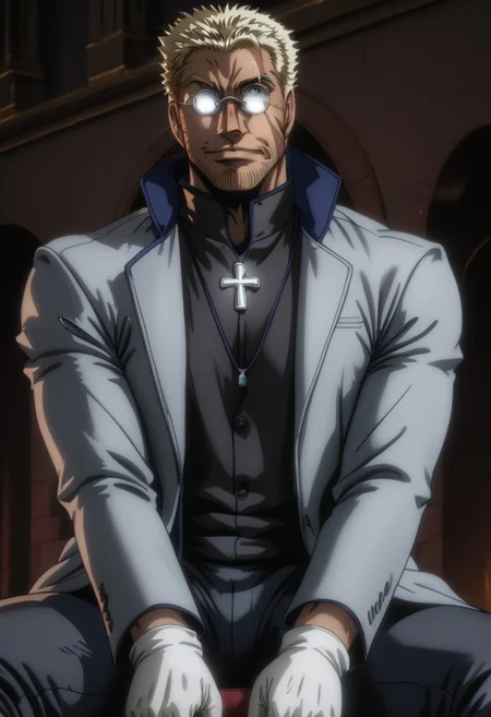 score_9, score_8_up, score_7_up, score_6_up, (perfect anatomy:1.3), perfect proportions, best quality, masterpiece, high-resolution, high quality, aesthetic, absurdres, solo man, male focus, bara, mature, masculine, manly, handsome, charming, alluring, seductive, sitting on operating chair, widely spread legs, (from below, low angle, view between legs:1.2), perfect face, (perfecteyes), mature man, Alexander Anderson, short silver-blond hair, green eyes, face mark, facial hair, wedge-shaped scar on left cheek, round glasses, black clerical collar shirt, buttoned shirt, black pants, black boot, open purplish grey coat, open coat, white gloves, single silver cross necklace, hand behind body