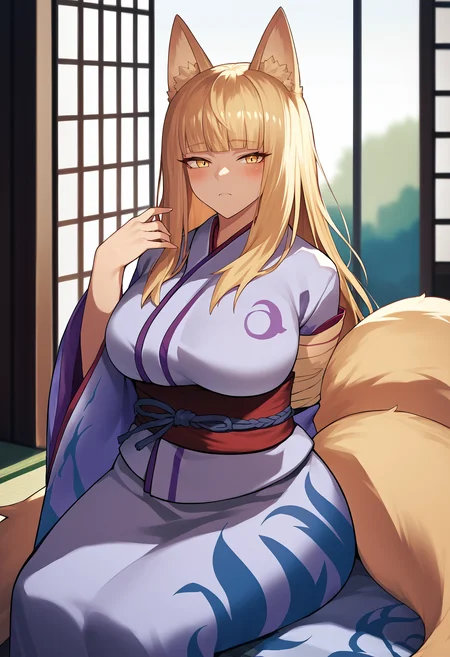 score_9, score_8_up, score_7_up, source_anime BREAK 1girl, solo, <lora:chyko-artist-richy-v1_pdxl:1> looking at viewer, <lora:kitsune-mge-richy-v1_pdxl:1> inari, yellow eyes, fox ears, fox tail, multiple tails, blonde hair, long hair, large breasts, blue kimono, sash, tabi, obi, blush, pleased, looking at viewer, indoors, wide hips, sitting