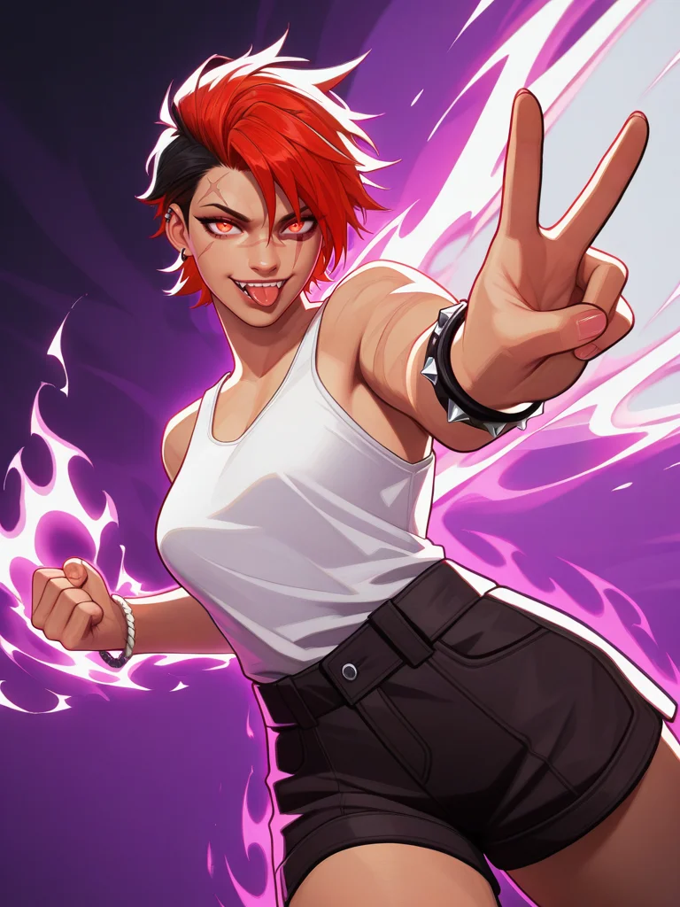 highres, hi res, best quality, masterpiece, intricate details, absurdres, 4k,, semi realistic, cartoon,
1girl, tomboy, white tank top, shorts, piercing, bracelet, scar on face, v, evil smile, tongue out, piercing, two-tone hair,, energy around, aura,, looking at viewer, dynamic pose, fighting stance, cowboy shot, multicolored background, dutch angle,
, MarvelRivals, <lora:AMarvelRivals_style-06:1>