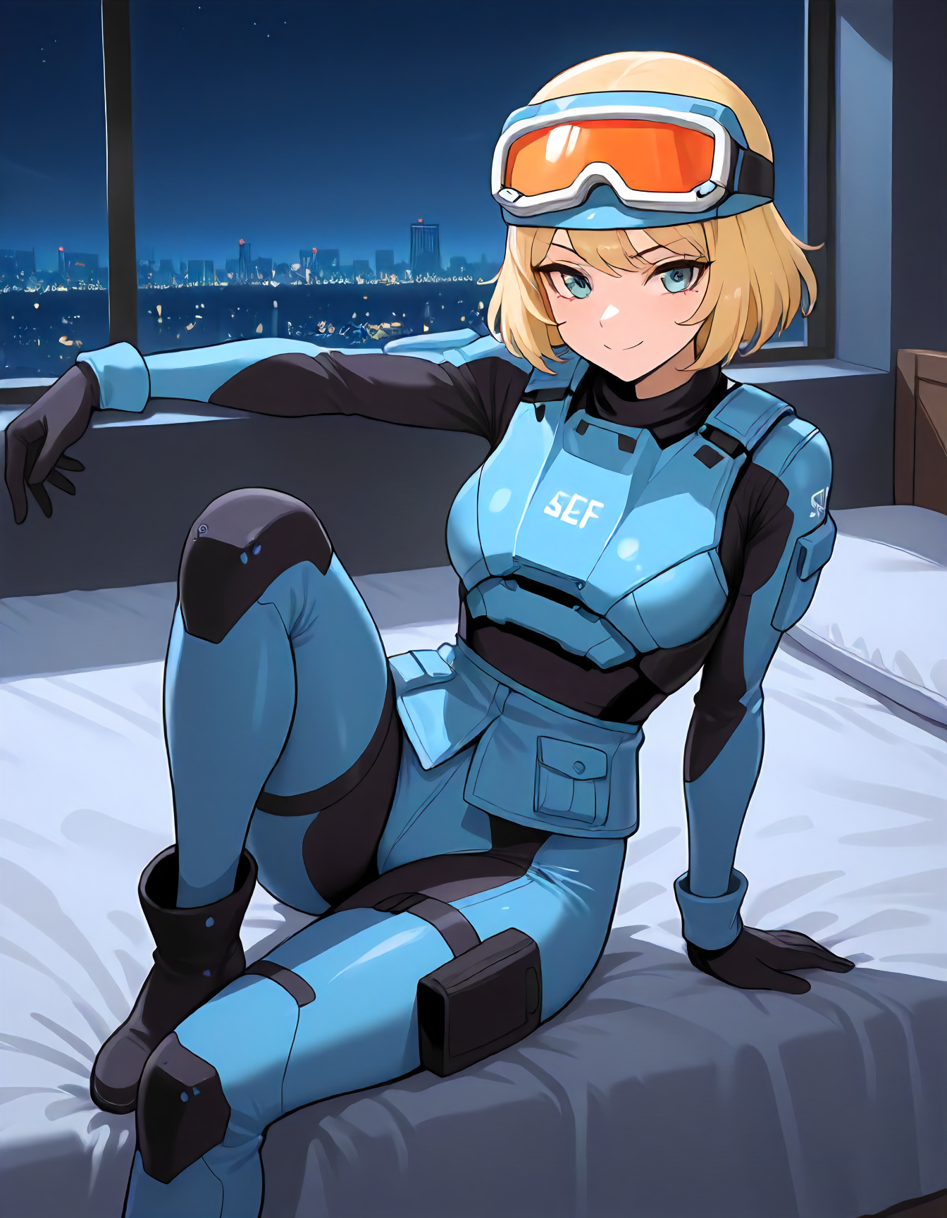 1girl, solo, medium breasts,  <lora:S.E.A.F_Girl_New_epoch_3:1>, seafgirl, short blonde hair, helmet, goggles on head, gloves, bulletproof vest, military uniform, blue bodysuit, A woman sitting on a bed with one leg bent, the other stretched out, leaning on one arm., cityscape, night, futuristic, determined, stern look, focused, smile, masterpiece, best quality, newest, absurdres, highres, very awa,